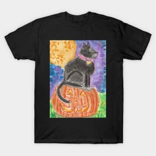 Black cat Halloween pumpkin art T-Shirt